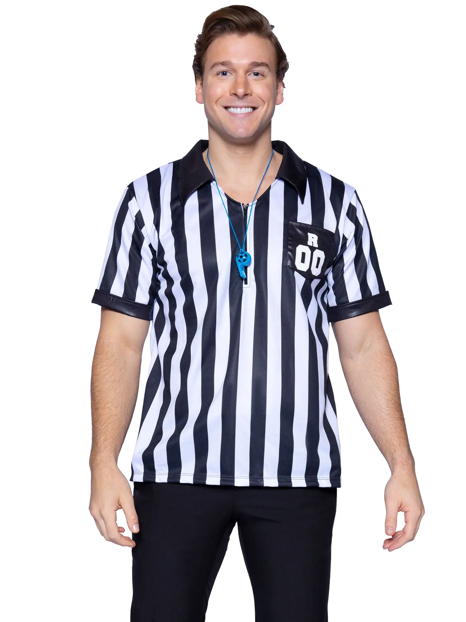 Men's Relaxed Fit Collared Striped Sport Ready Casual Referee Costume Set - Halloween Men's Outfit Set with Shirt, Whistle, Hand Wash Care for Party, Sports Events, Menswear, Men's Outfit Sets