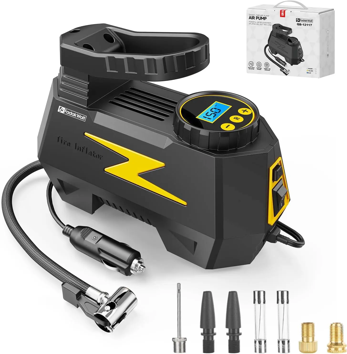 12V Portable Tire Inflator Pump - Digital 150PSI Gauge, LED Light, Auto Stop, Needle Valve - Vehicle Inflator Fits Cars, Bikes, Motorcycles, SUVs
