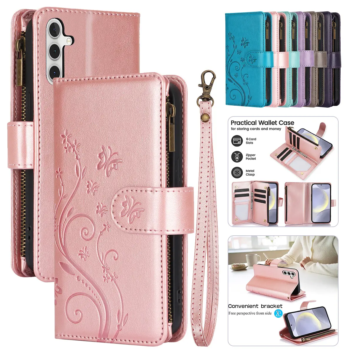 HISTORYOO For Samsung Galaxy S26 S25 Ultra S24 Plus S23 FE S22 S21 Lanyard Cute Floral Embossed Butterfly Wallet Phone Case with 6 Card Slots Zipper Pocket Wrist Strap Women Soft PU Leather Protective Flip Fold Stand Cover Magnetic Closure For Mom, Cash,,