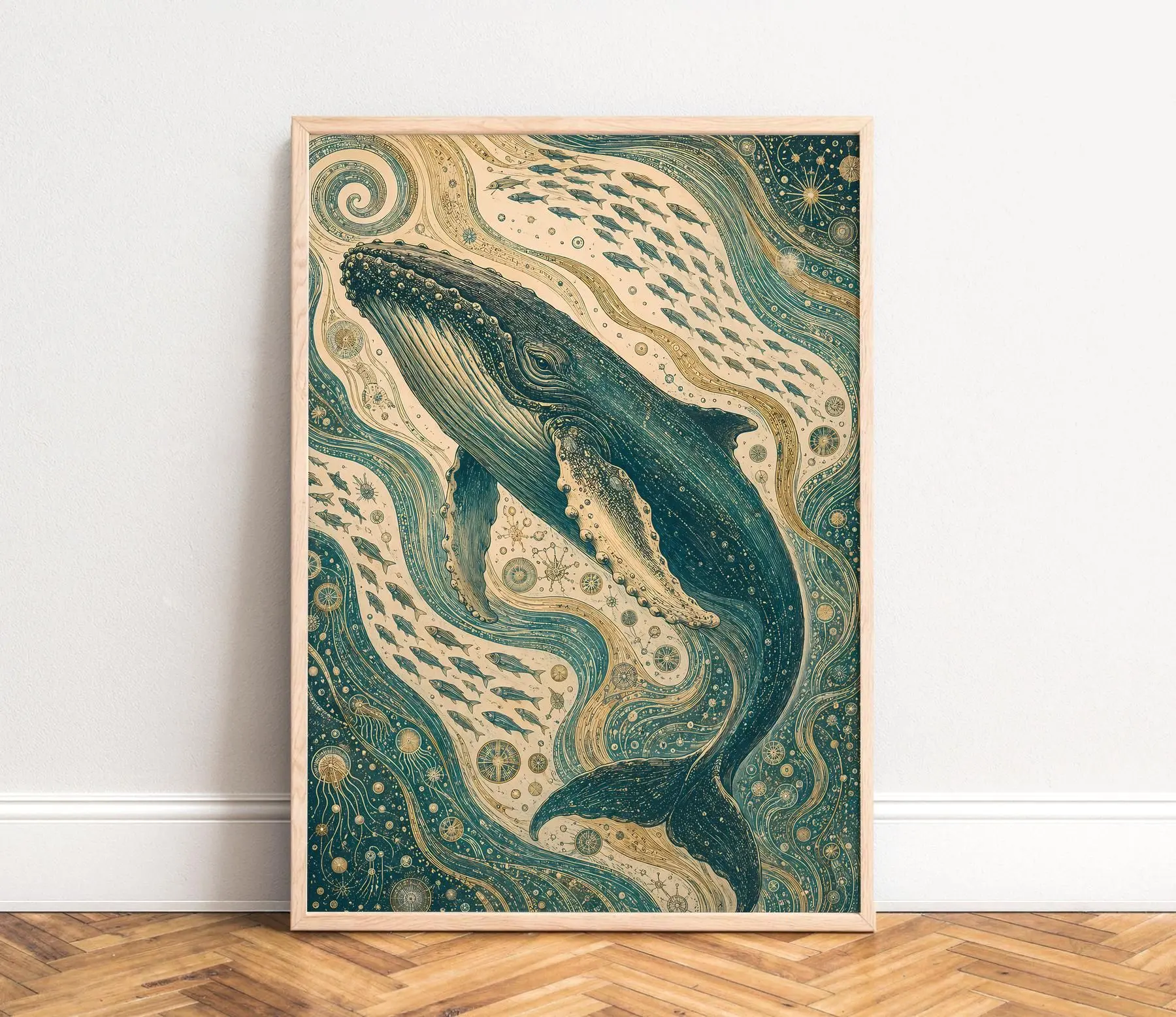 [SALE UP TO 40%] [Unframed] Whale Poster, Boho Whale Illustration, Teal Gold, Living Room Wall Art, Ocean Gift