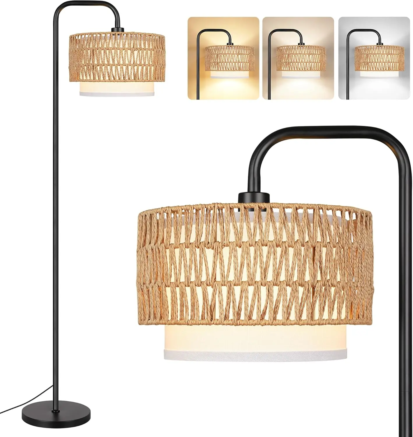 68‘’Floor Lamp for Living Room with 3 Color Temperatures, Farmhouse Standing Lamp with Remote & Dimmable Bulb, Boho Lamp Rattan & Fabric Shades, Black
