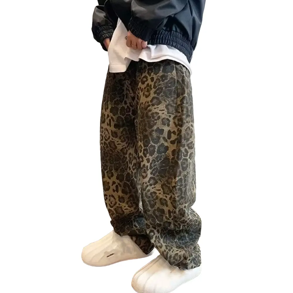SRETOUU Men's Leopard Print Wide Leg Jeans, Loose Casual Fashion Comfy Denim Trousers for Daily Wear, Baggy Jeans for Men, Fashion Men's Bottoms for All Seasons Streetwear Pants Menswear Pocket