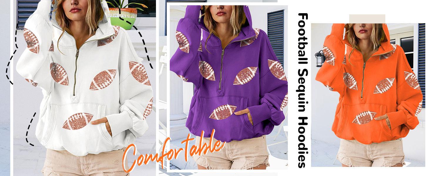 Molitree Women's Game Day Sweatshirts Football Sequin Long Sleeve Zipper Hoodies with Pocket Cotton Material Adjustable Drawstring Hooded Collar Front Kangaroo Pocket Casual Womenswear