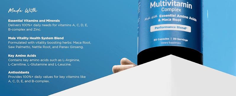 Men’s Multivitamin Performance Blend - with Maca Root, Essential Amino Acids, Ginseng & Saw Palmetto - Daily Energy, Stamina, & Performance Support - 60 Capsules