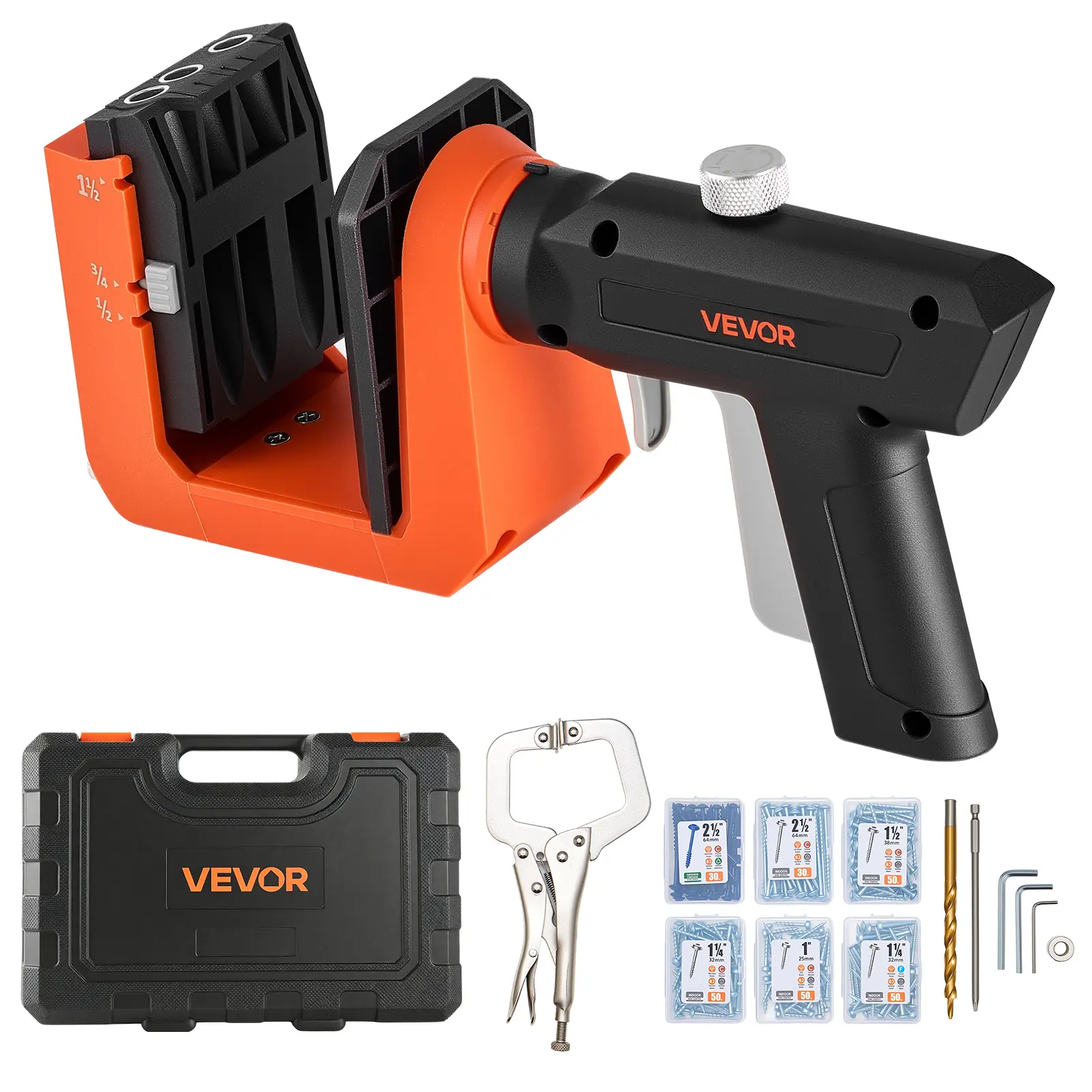VEVOR Pocket Hole Jig Hand Tool Kit - Complete Installation Kit, 1/2"-1-1/2" Adjustable, 360° Rotating Handle, Integrated Clamp, C-Clamp, Stop Collar, Drill Bit, 260 Screws, Tool Organization, Portable for Woodworking Projects & Furniture Builds