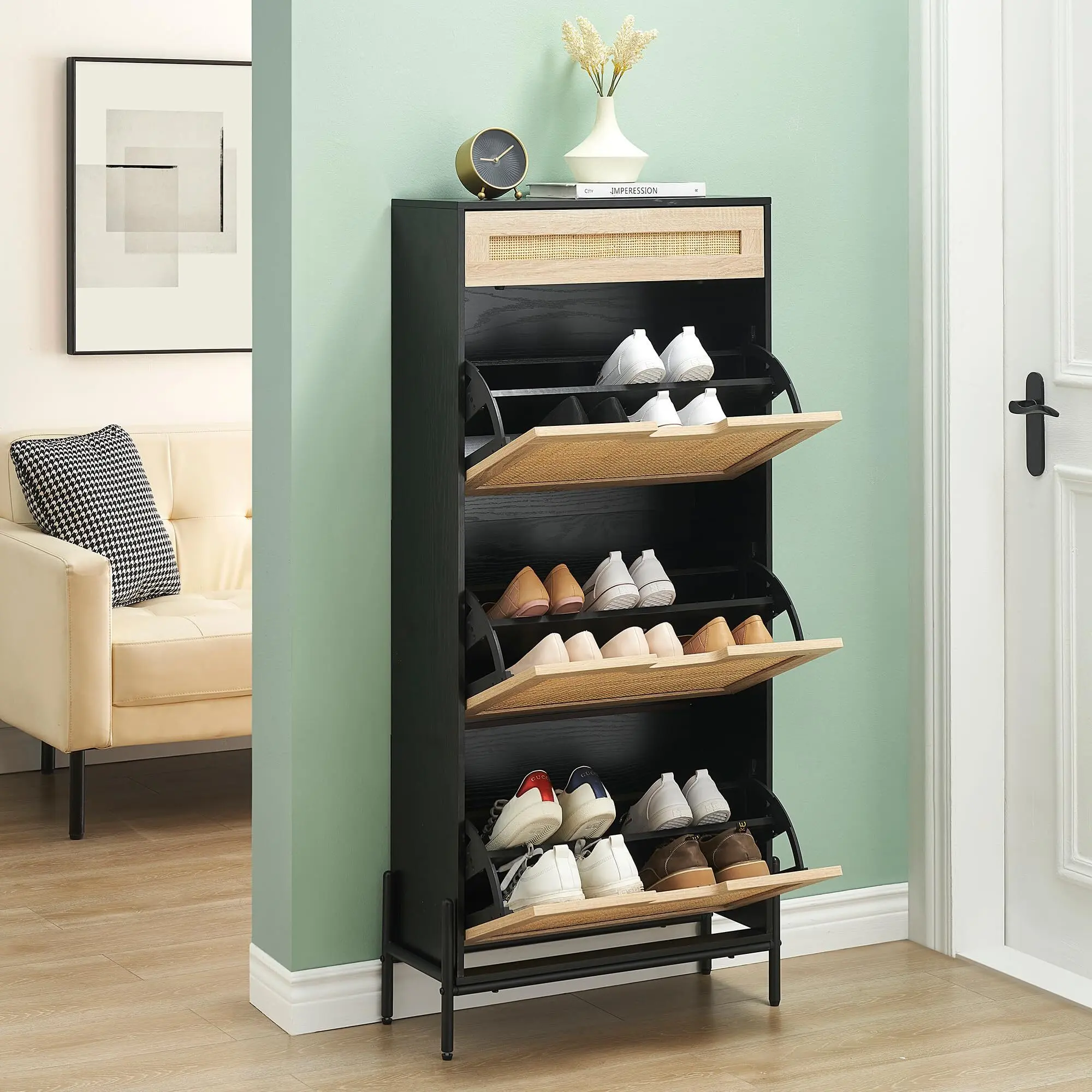 Hidden Rattan & Wood Shoe Cabinet with 3 Flip Doors & Drawer - Narrow Entryway/Hallway Storage Organizer for Living Room, Black Metal Rack