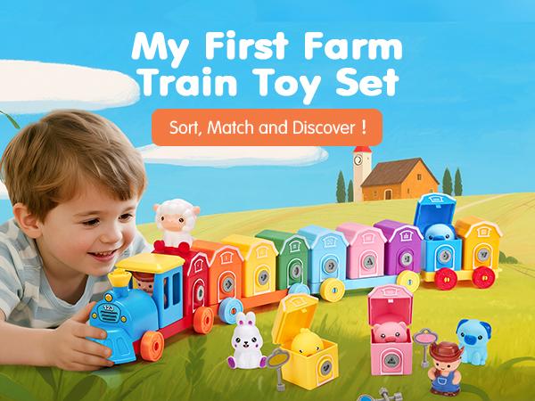Hahaland Counting Matching & Sorting Train Montessori Toddler Toy with Farm Animals Finger Puppets Keys to Lock Unlock Barns Preschool Toy Speech Therapy Learning Toys Birthday Christmas Easter Valentine's Day Gifts for Kids 1 2 3 Year Old  Boy Girl