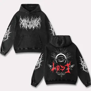 Retro Eyes Lost Washed Black Gothic Hoodie Cotton With Demon Tribal, Dark Streetwear Graphic Shirt, Dark Art Clothing Motorcycle Motorbike Supermotor Fan Gear