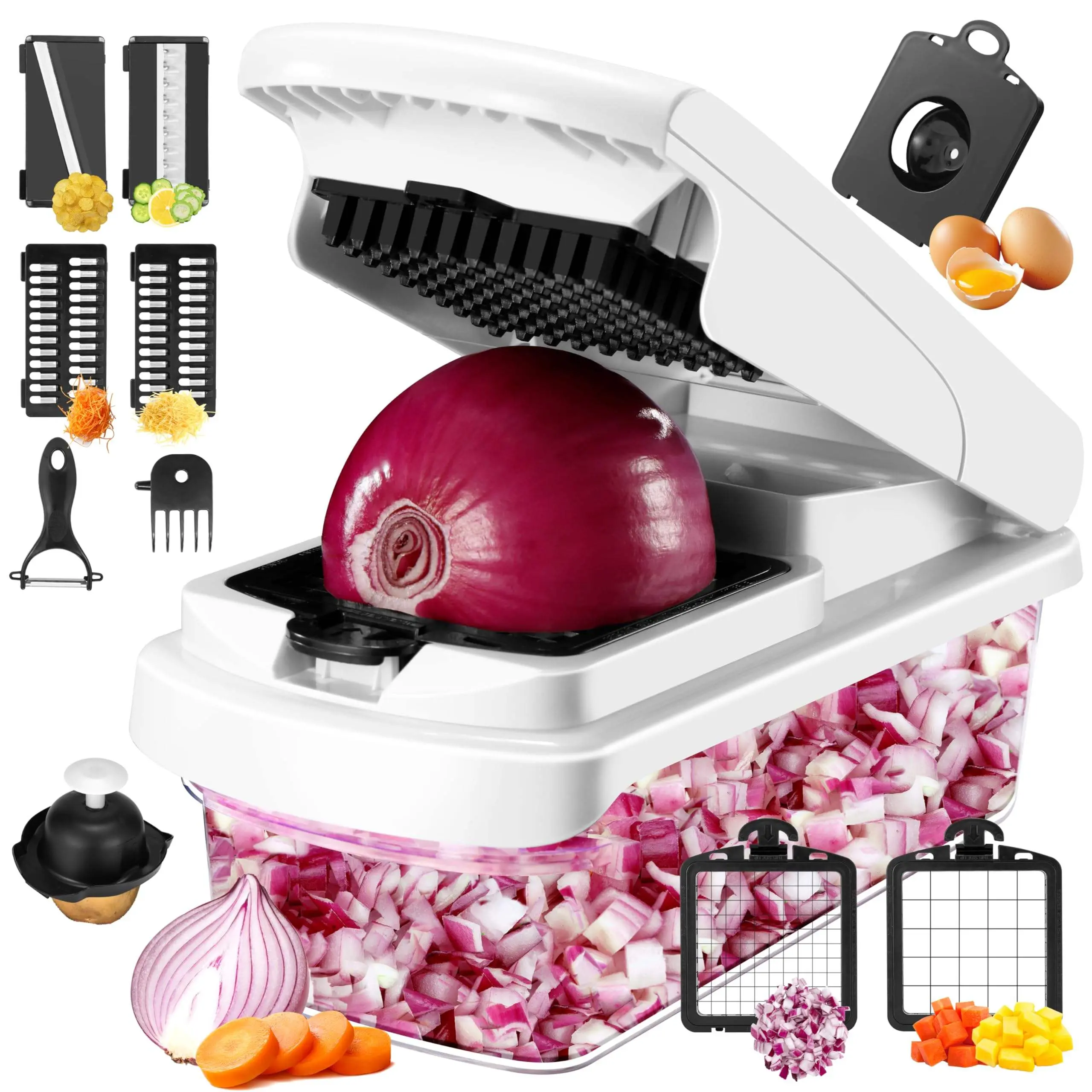 Vegetable Chopper Onion Cutter, 14 in 1 Professional Mandolin Slicer for Kitchen, Multifunctional Food Chopper for Potato, Tomato, Veggie with Strainer Basket, 10 Blades