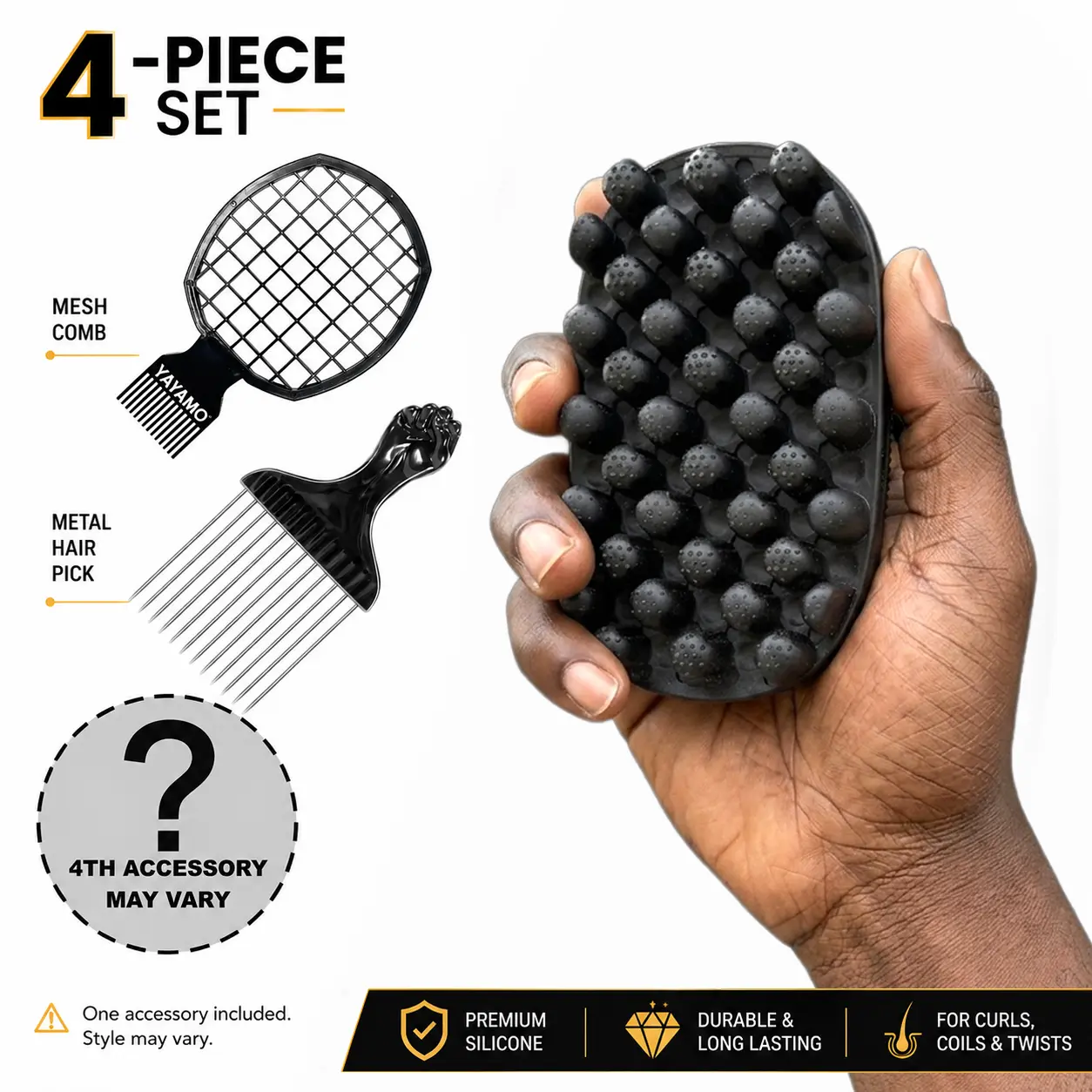 Twist King Silicone Twist Brush Kit for Black Men - Afro Kinky Coily Hair, Protective Styles for Natural Hair Alternative to Dread Sponge, 4-Piece Set with Metal Fist Pick, Mesh Comb, Flawless Edges Brush, Afro Hair Brushes & Combs