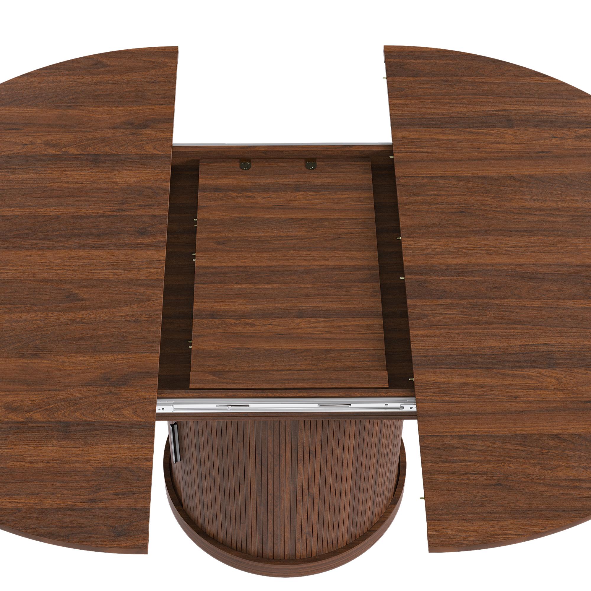 59" Extendable Oval Dining Table with 2-Tier Storage for 4-6, Space Saving Expandable Kitchen Table in Walnut Brown, MDF with Walnut Finish & Pedestal Base 59" Extendable Oval Dining Table with 2-Tier Storage for 4-6, Space Saving Expandable Kitchen Table in Walnut Brown, MDF with Walnut Finish & Pedestal Base