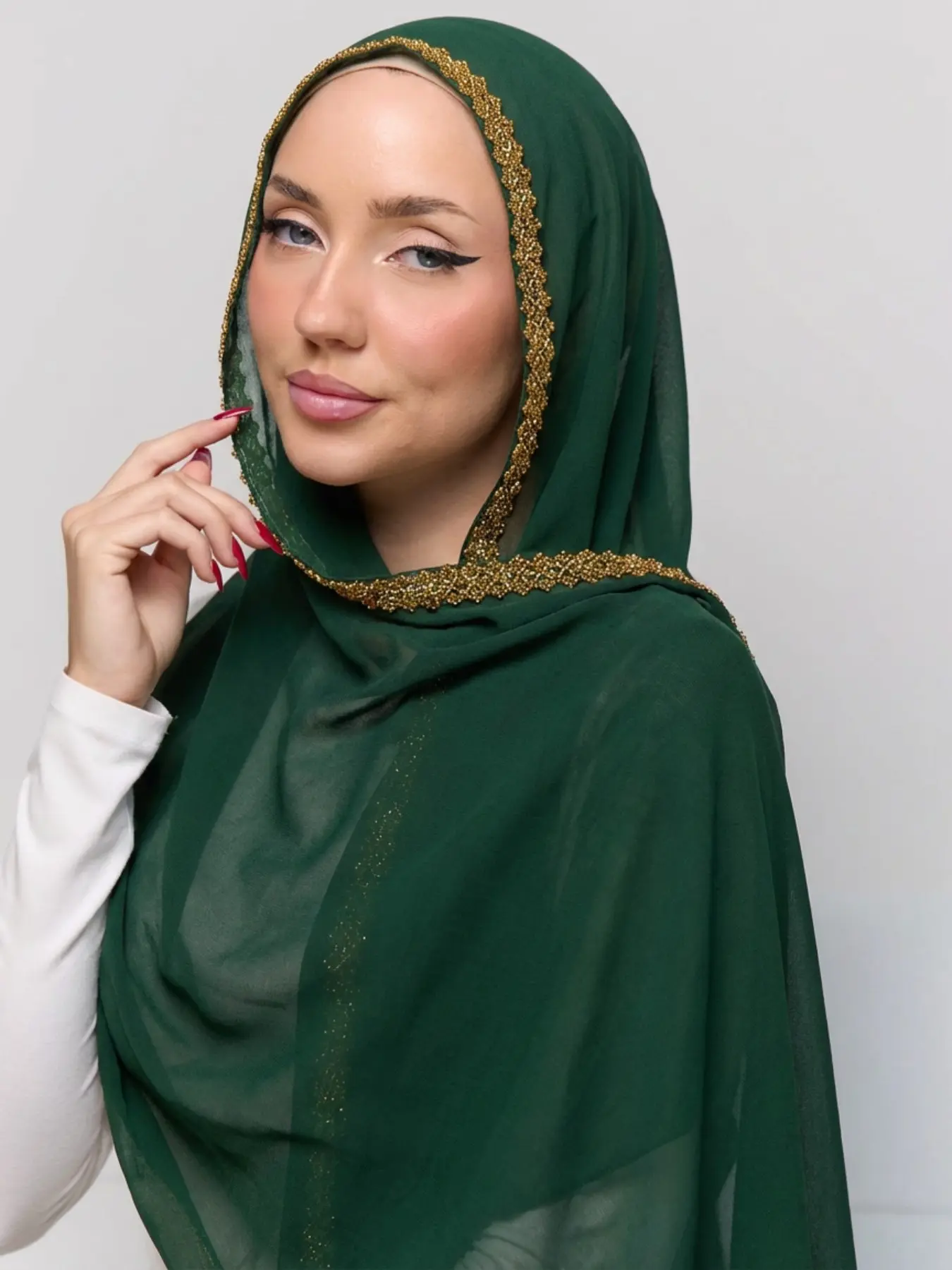 Women's Chiffon Hijab Scarf with Golden Lace, Chic Elegant Breathable Modesty Long Shawl for Muslim Fashion Daily Wear