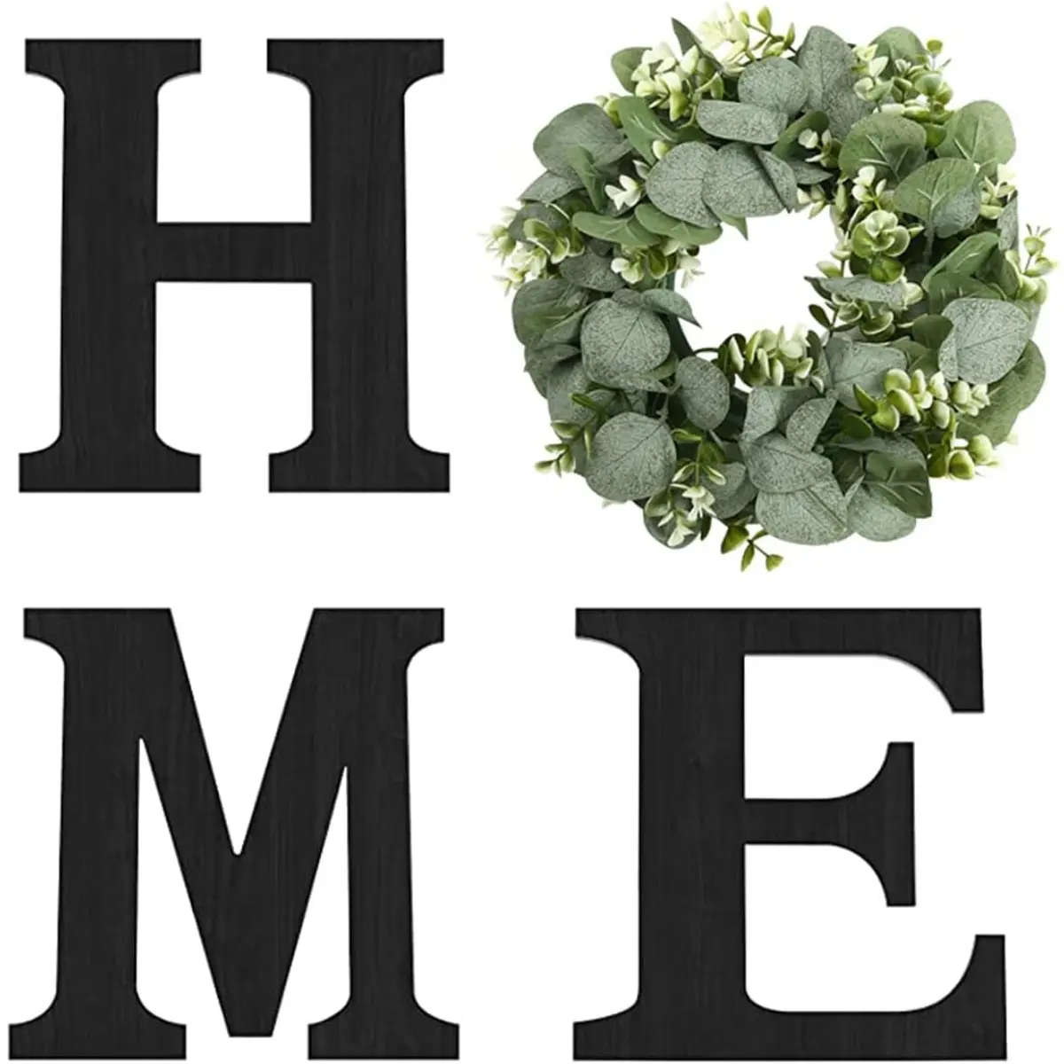 Wood Home Sign with Artificial Eucalyptus Wreath for O, Hanging Farmhouse Wall House Decor Wood Letters for Wall Art Rustic Home Decor, Wall Decor for Living Room Kitchen Entryway (Black)