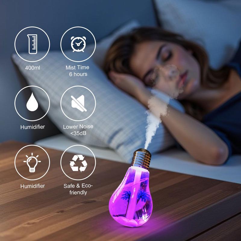 [Holiday Haul] 7-Color Auto-Changing Bulb Humidifier: 400ml Aroma Diffuser with Decorative PET Insert, 6H Quiet Mist, Essential Oil Diffuser for Home Office Yoga, Mood Light | Control: Hold 3s for Light (Auto-Cycle), Press Once for Mist