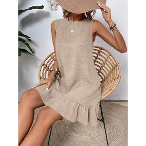 Elegant Beige Sleeveless Dress, Ruffled Hem-Polyester Fiber, round Neck, Machine Washable, Suitable for Spring/Summer Vacation