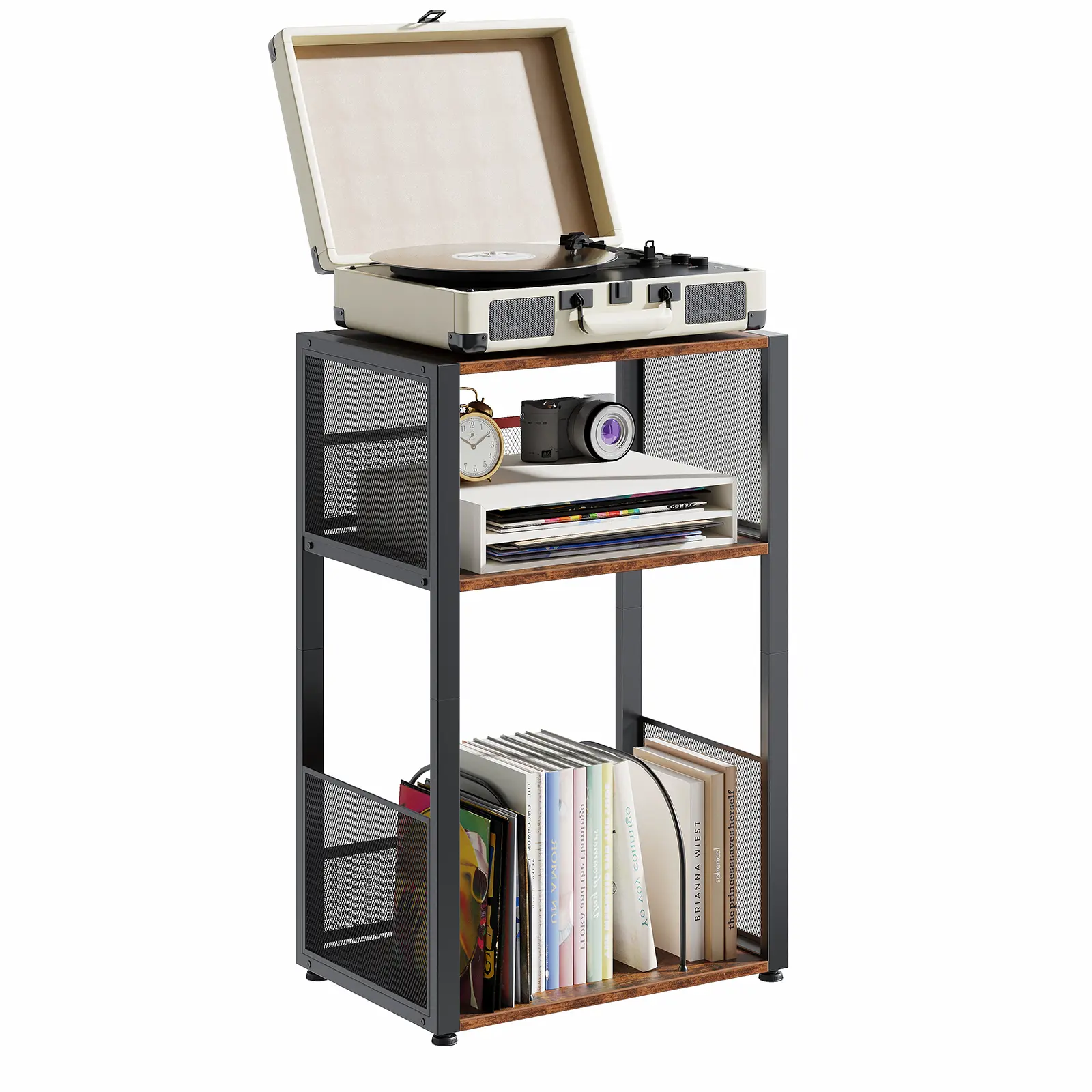 3 Tier Side Table, 1 Pack Record Player Stand with Storage Up to 100 Albums,Turntable Stand for Vinyl, Black Records Shelf for Living Room Bedroom