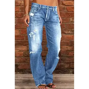Women's Ripped Jeans Mid Rise Straight Leg Denim Jean Plus Size Boyfriend Jeans Baggy Flare Pants 90s Hippie Clothes