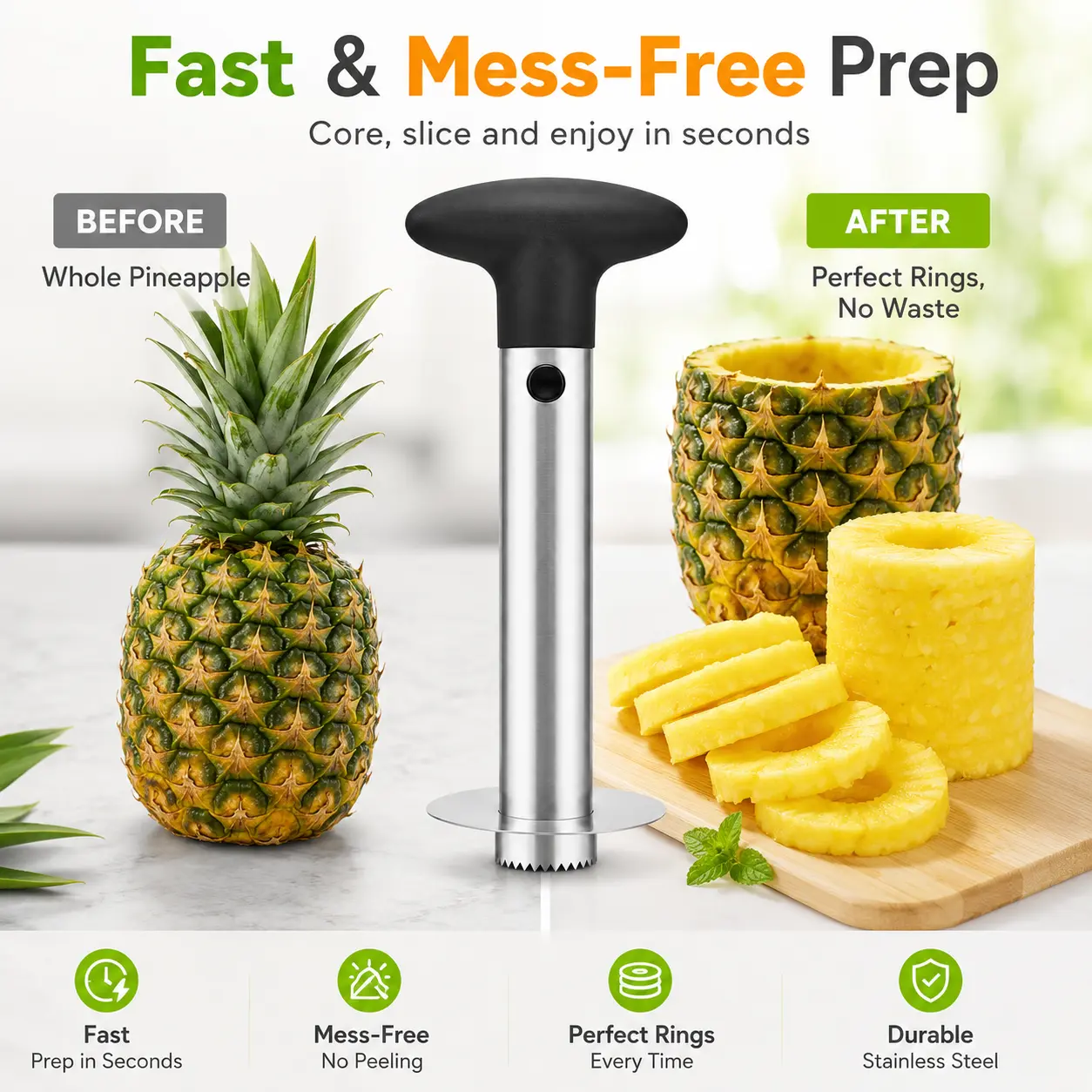 1pc Stainless Steel 1-Piece Round Tip Solid Metal Kitchen Utensil, 2-in-1 Fruit Corer & Pineapple Slicer, Simple to Use, Easy to Clean