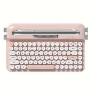 Wireless Retro Typewriter Keyboard With Fixed Slot Stand, Pink, Compatible with iPad, Android, Samsung, Tablet and PC,  Dual Mode connection, Portable Wireless Keyboard with Cute Round Keycaps