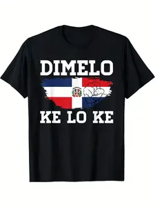 Dominican Republic Flag T-Shirt for Men & Women - Dimelo Ke Lo Ke Dominicana Slogan & National Emblem Print, White with Red/Blue/Green Colors, 220GSM Pure Casual Round Neck Tee for Dominican Pride Apparel