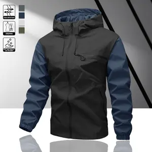 Men’s color-block patchwork hooded tactical jacket — windproof, abrasion-resistant, lightweight, smooth, skin-friendly, comfortable fabric; drawstring hood; functional casual style; suitable for everyday wear and outdoor activities; fashionable and practi