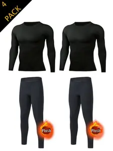 This four-piece men's athletic set includes a fleece-lined, long-sleeved, crew-neck thermal base layer.  The slim-fit, knitted fabric offers high elasticity, making it suitable for outdoor activities such as running, hiking