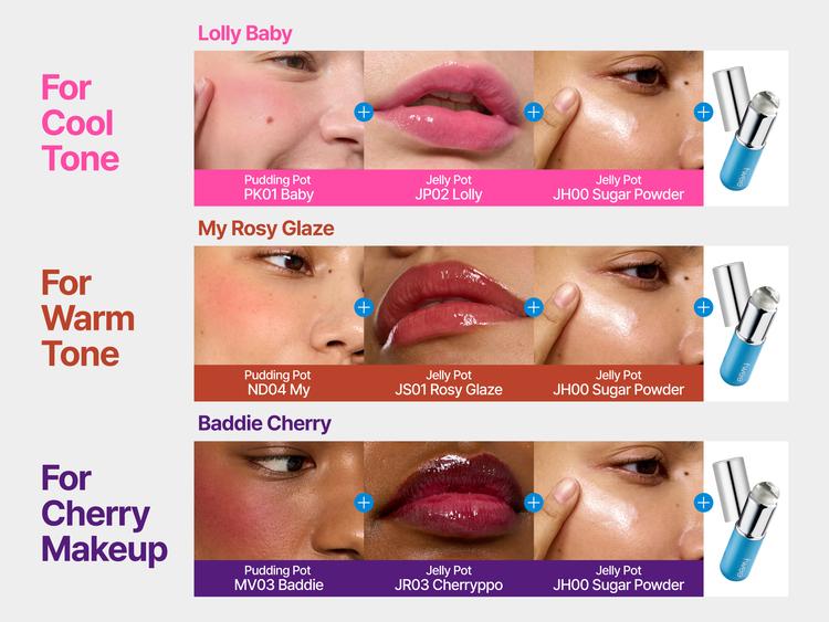 [Blush & Glow] fwee Lip & Cheek Starter Set | Soft Blur Cream Blush + Dewy Blush Duo with Multi Jelly Shimmer Balm + Mini Silicone Brush