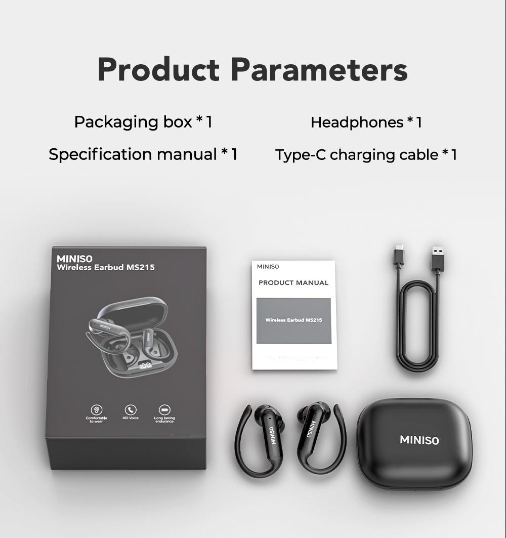 MINISO MS215 Wireless Bluetooth 6.0 In-Ear Headphones Open-Type Design High-Fidelity Sound Low Latency Comfortable Fit Ideal for Daily Use and Gifting