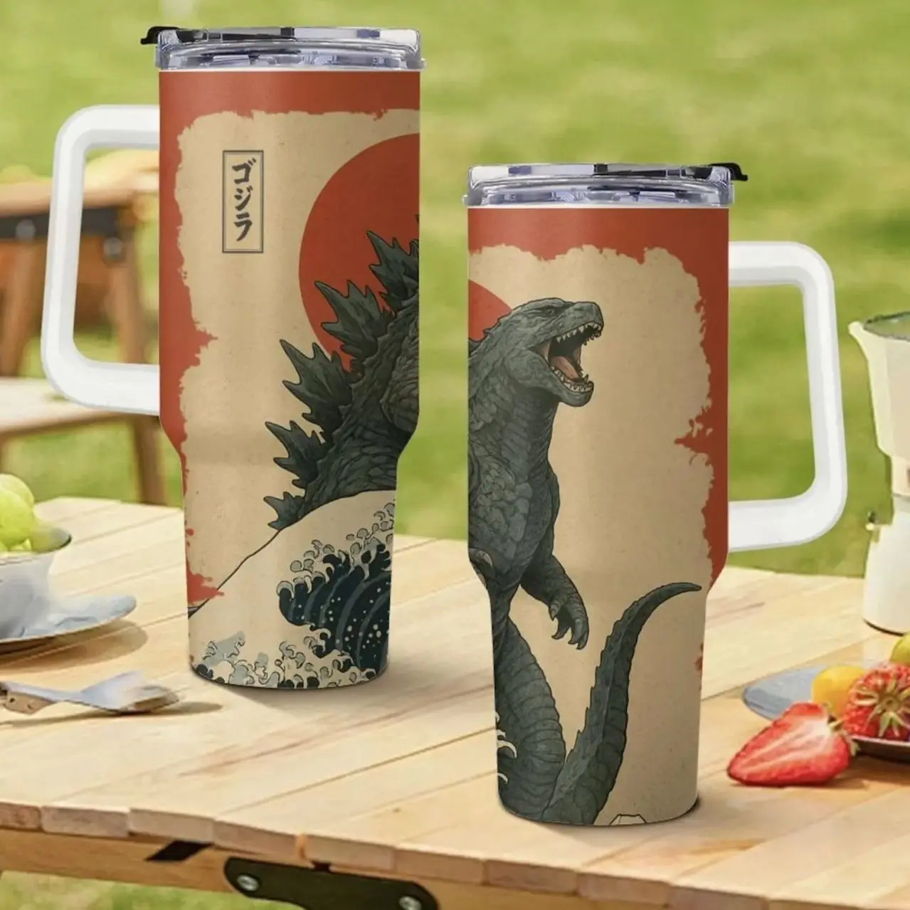 Godzilla 40oz Insulated Tumbler With Handle & Straw, Japanese Ukiyo-e Great Wave Stainless Steel Travel Mug, Vintage Kaiju Monster Fan Graphic Cup Gift For Men Women, Retro Rising Sun Anime Coffee Mug, Japan Pop Culture Merchandise Gift