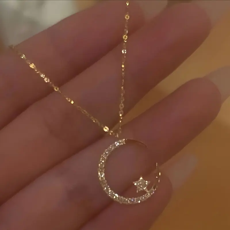 Celestial Motifs Necklace for Women, Gold-Tone Crescent Moon & Star Zirconia Pendant, Sparkling Minimalist Clavicle Chain, Dainty Gift, Minimalist Necklaces, Necklaces For Women