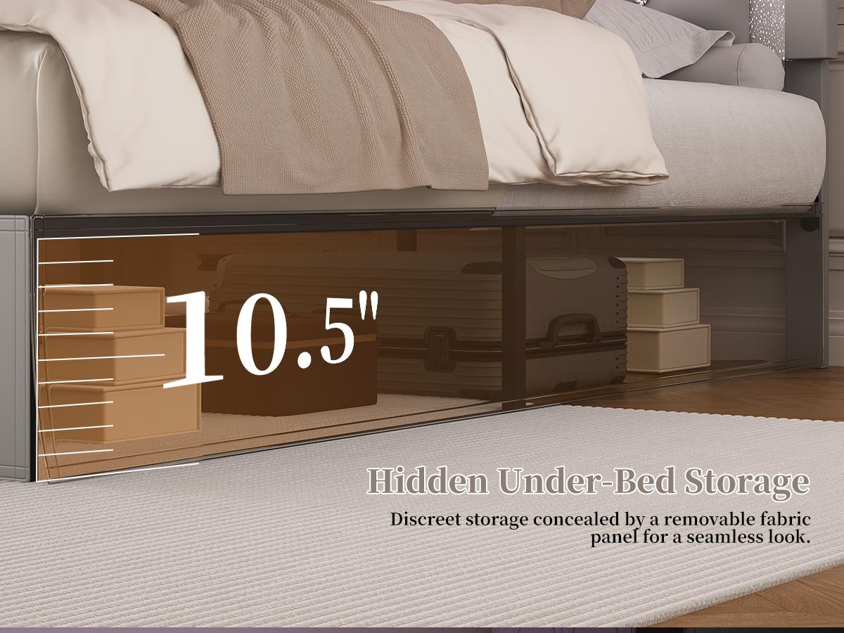 SIBEDS Queen Bed Frame with Adjustable Headboard, PU Upholstered Platform Bed for Bedroom, LED Lighting and Skirt, Diamond Tufted Design, Wooden Slat Support, Easy Assembly