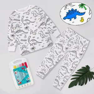 Kids DIY Coloring Pajamas Set with Markers – Soft Bamboo Viscose Unisex Sleepwear, Snug Fit, Stretchy & Breathable PJs, Fun Cartoon Designs in Dinosaur & Mermaid Themes