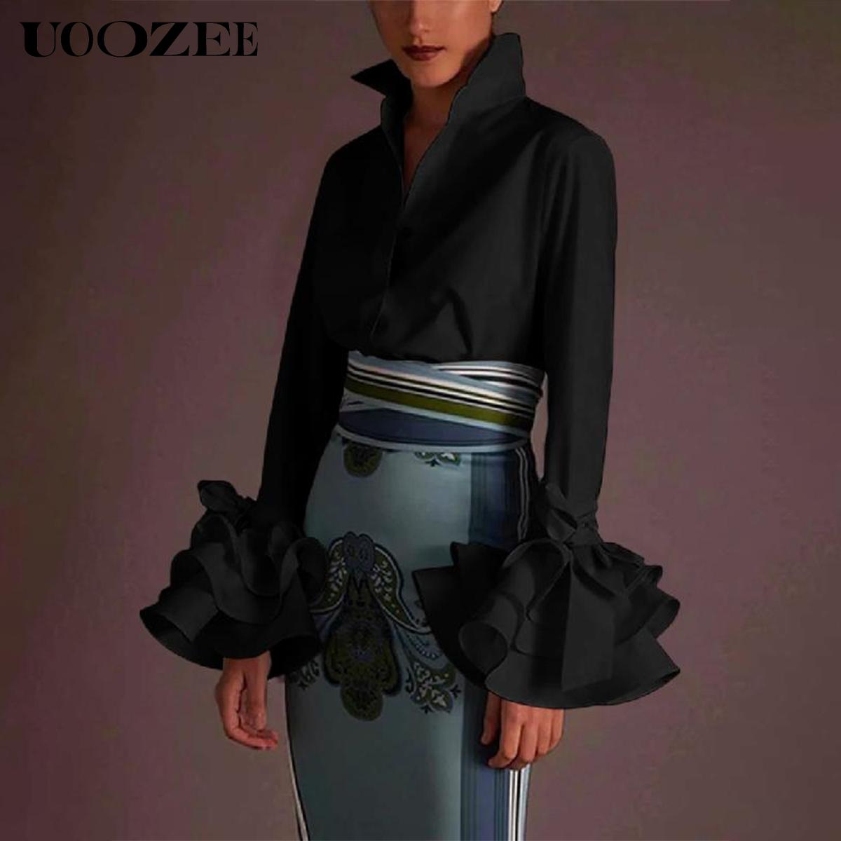 Flared Sleeves Bow-Embellished Falbala Solid Color Lapel Blouses&Shirts Tops Womenswear Casual Elegant Basic Outfit