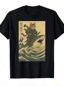 100% Vintage Anime Cat Samurai Riding Shark Graphic T-Shirt - Black Casual Short Sleeve, Comfortable for All Seasons, Regular Fit