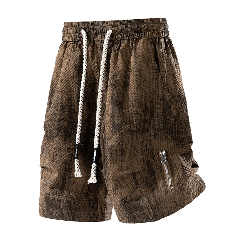 Men’s summer streetwear tie-dye cargo shorts - casual loose bubble-grid athletic cargo shorts made of polyester; lightweight quick-dry solid-color breathable mid-length shorts with drawstring and multiple pockets#SummerWins