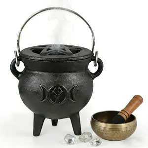 TOPFISH Triple Moon Raw Cast Iron Cauldron with Handle - Mini Cast Iron Pot, Pre-Seasoned, Ideal for Incense Burning, Rituals, Great Gift for Collectibles & Cultural Item Enthusiasts