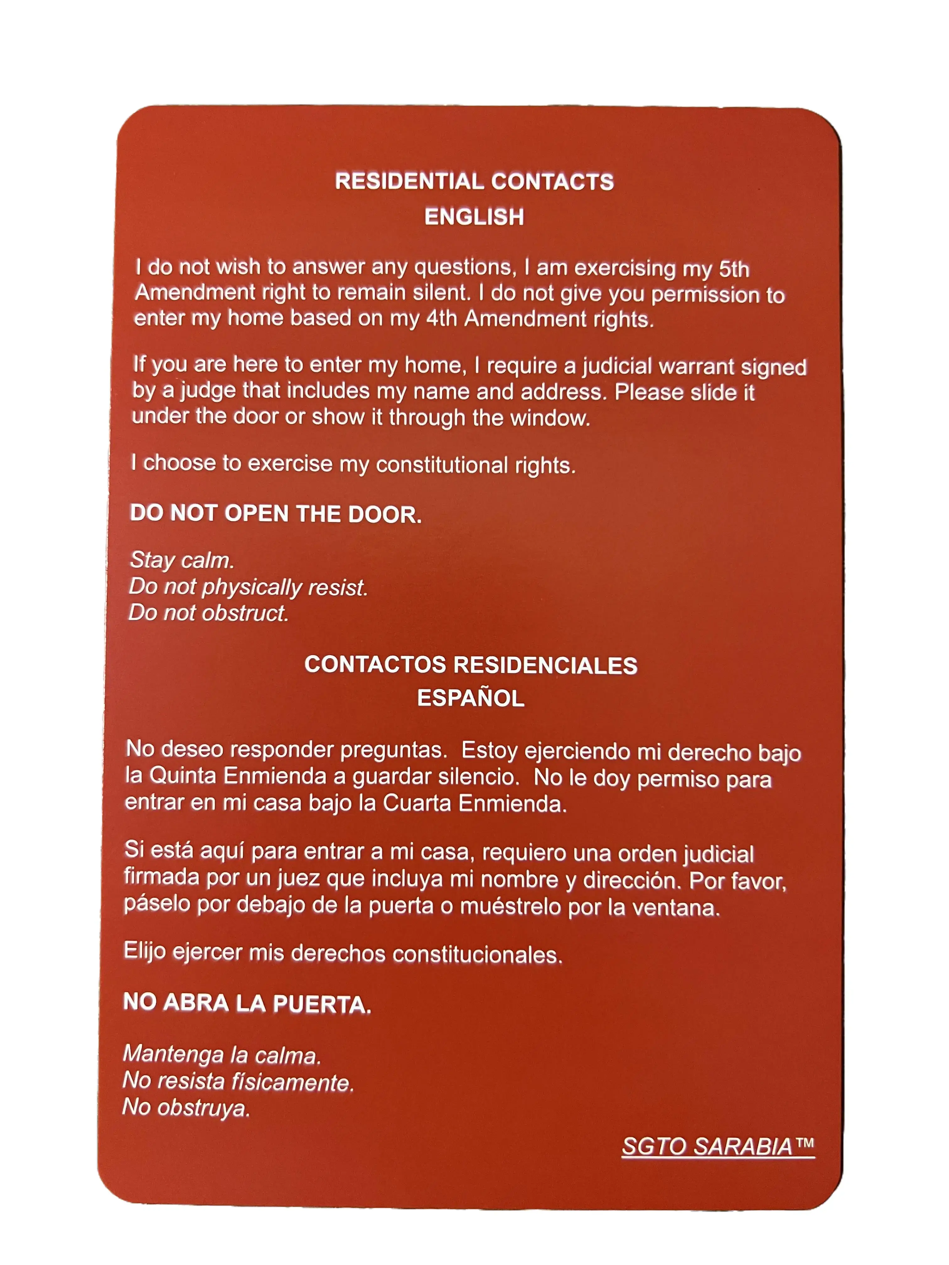 Sgto Sarabia Red Card Know Your Constitutional Rights Card (English/Spanish) | Residential & Public Contacts | Durable Bilingual Rights Card