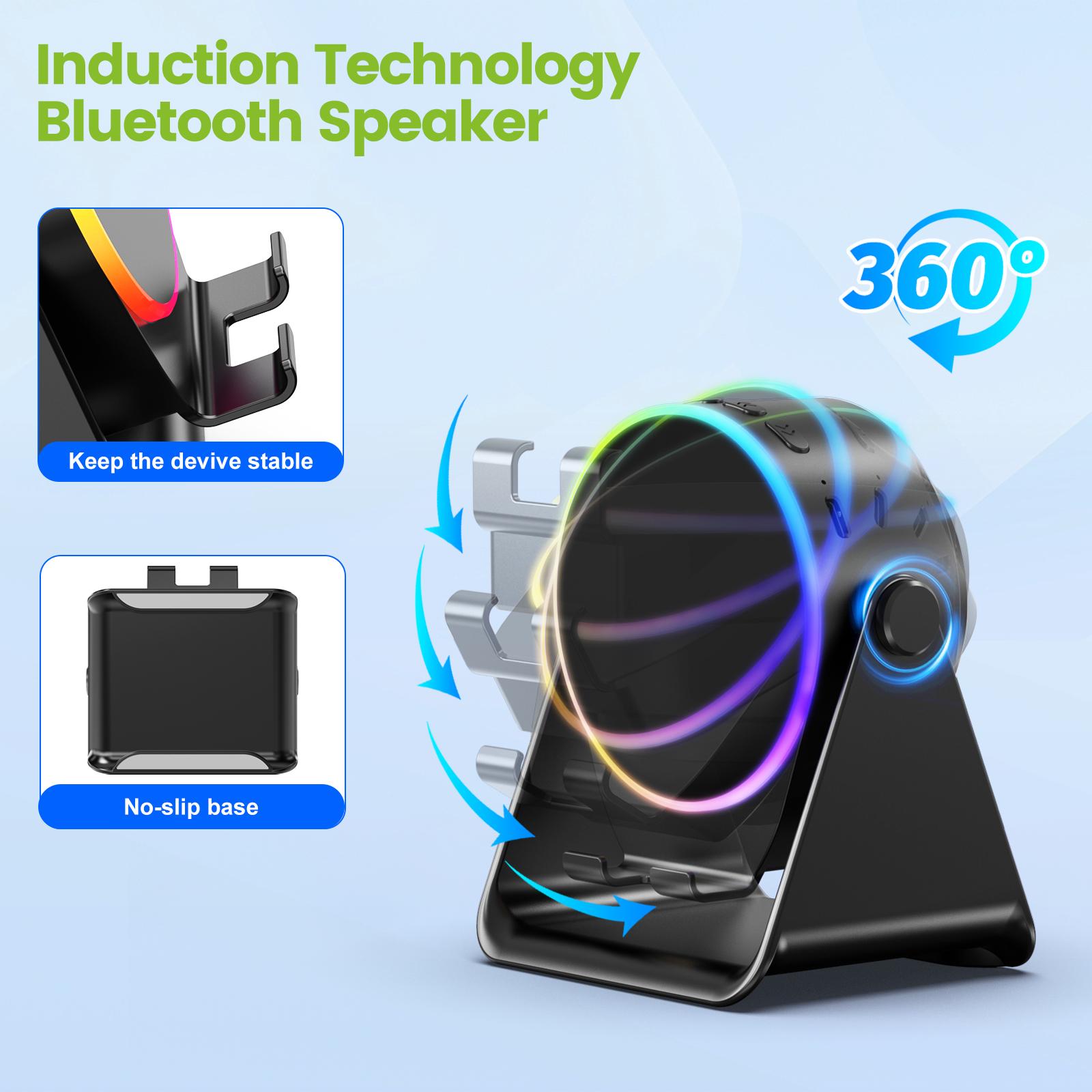 Dohelly 5 IN 1 Wireless Induction Audio Bluetooth Speaker, 360° Rotation Stand with LED, Universal Speaker Stands for Surround Sound&Charger,Portable Desktop Stand Gift  for Home, Shower, Outdoors, Travel.