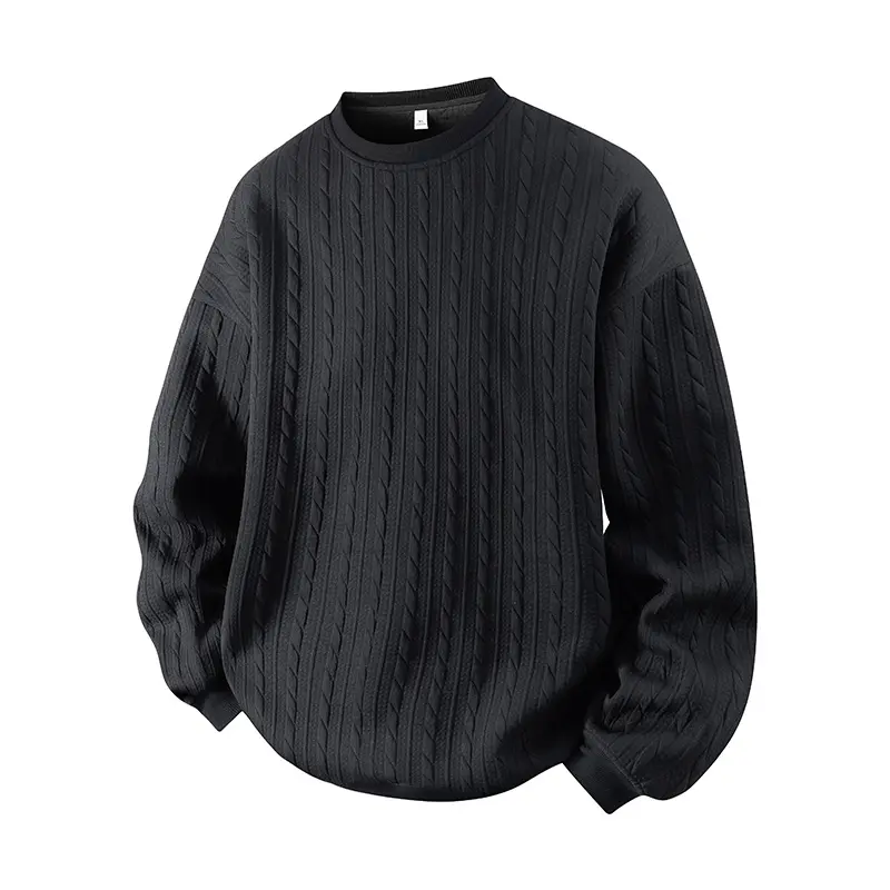 Men's Cable Knit Pattern Round Neck Sweatshirt, Solid Color Casual Loose Long Sleeve T-Shirt, Made from High-Quality Fabric Comfortable Base Shirt, Home Wear Daily Wear, Plus Size S-5XL Men's T-Shirt