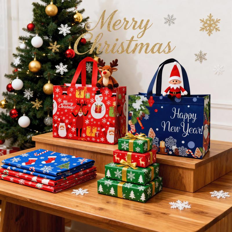 12PCS Christmas Gift Bags With Assorted Patterns. Reusable Non - Woven, Handle - Equipped. Ideal For New Year & Christmas Decor, Perfect For Holiday Gifting.Box Packs heavy-duty storage tote foldable shopping tote Water-Resistant market trip