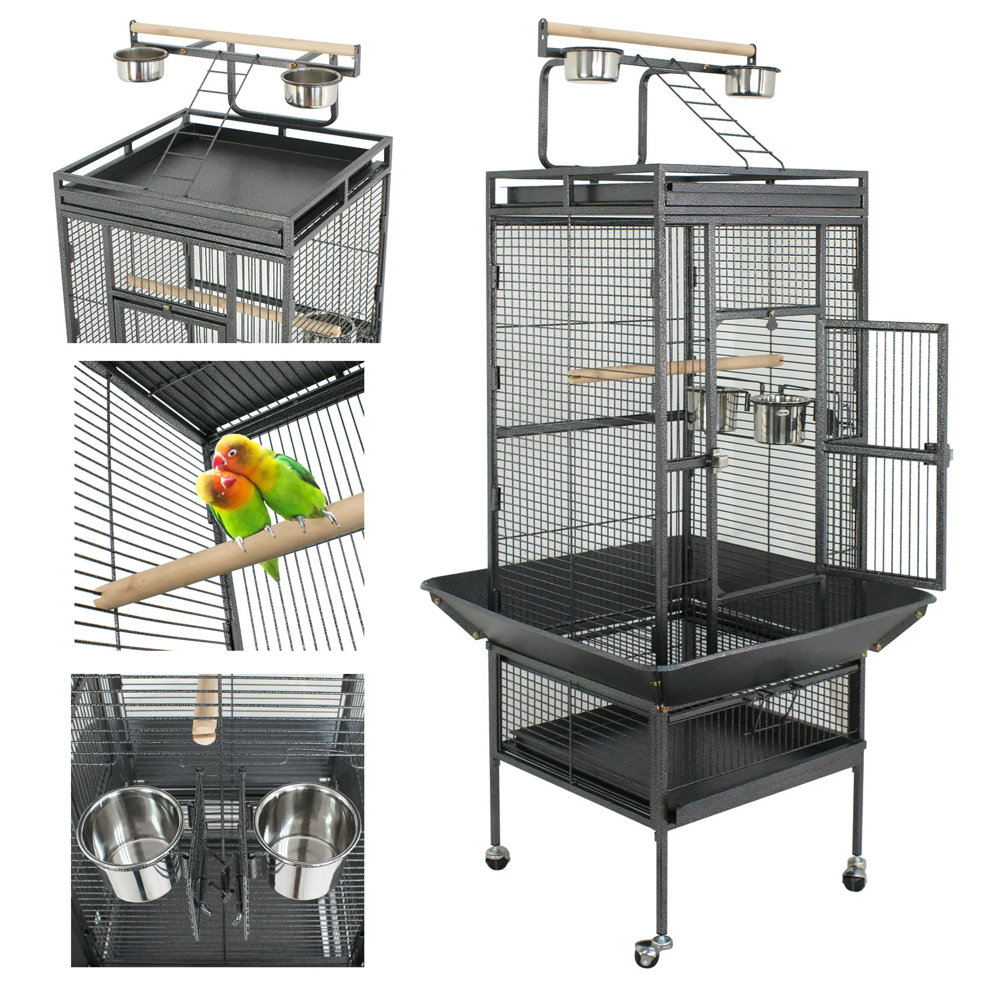 Segawe Large Metal Birdcage with Wood Accents - 25"(w)x17"(d)x53"(h) Iron Frame, Open Top, Easy Clean Litter Tray, Safe Design, Feeding Cups, Swivel Wheels, Black/White Finish for Parrots, Metal Bird Cages & Houses, Parakeet Cage Setup (Pet Supplies)