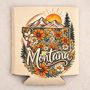 Montana Wildflower Mountain Can Koozie – Handmade Boho Montana Drink Sleeve | Insulated Neoprene Beer & Soda Holder | Montana Gift