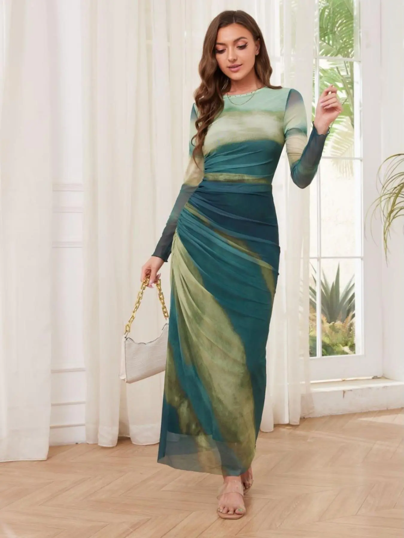 Women's All Over Print Ruched Bodycon Fit Dress, Elegant Chic Long Sleeve Round Neck Long Dress for Evening Formal Party Holiday Wedding Guest, Ladies Clothes for All Seasons, Formal Dresses Women, Formal Wear Dress