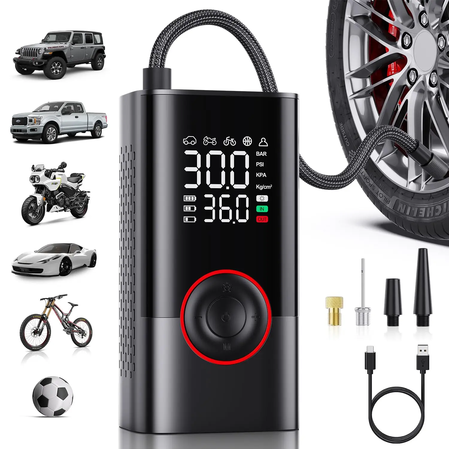 Portable Air Compressor Tire Inflator - Portable Cordless Mini Air Pump with Digital Pressure Gauge, 3X Fast Inflation and Auto Shutoff Function, Suitable for inflating Balls, Motorcycle, Bicycle and Car Tires! #BackToSchool
