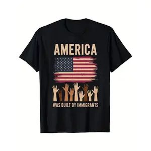 Patriotic American Flag Graphic T-Shirt - America Was Built by Immigrants Design, Crew Neck Tee for Casual & Holiday Wear