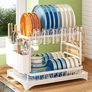 Two-Tiered Dish Drying Rack for Kitchen Counters, Featuring a Large Stainless Steel Design with a Drip Plate And Utensil Holder for Dishes, Knives, Cups, And Cutting Boards