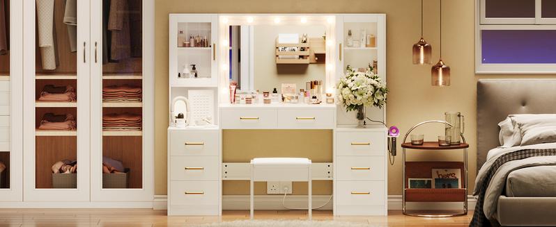 58.3”Vanity Desk with Mirror and Lights & Charging Station,Bedroom Dressing Table,Large Vanity Set,8 Drawers and 2 Cabinets,Makeup Vanity Table with Charging Station, Without Stool