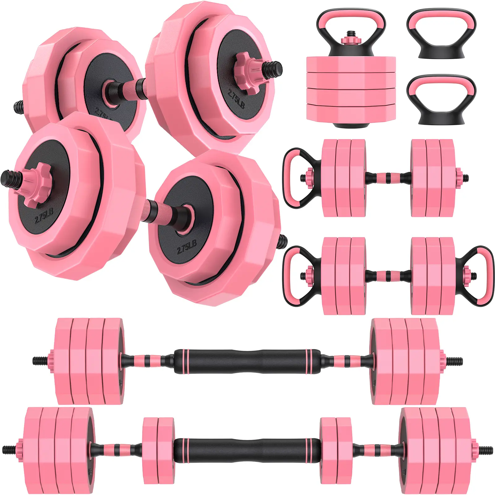 Bearbro Adjustable Dumbbells Set (45/65/85lbs) - 4-in-1 Free Weights with Connector, Convertible to Barbell, Push-Up Stand, Kettlebell for Home Gym Weight Training,Pink adjustable dumbbell set