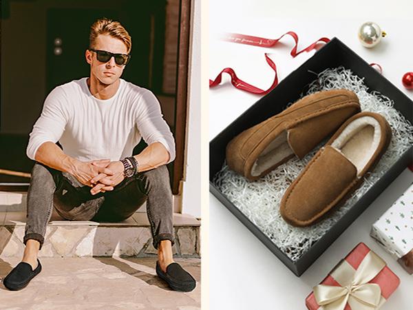 DREAM PAIRS Men's House Slippers Moccasin Indoor Outdoor Fuzzy Loafers Suede Leather Warm Comfortable Shoes
