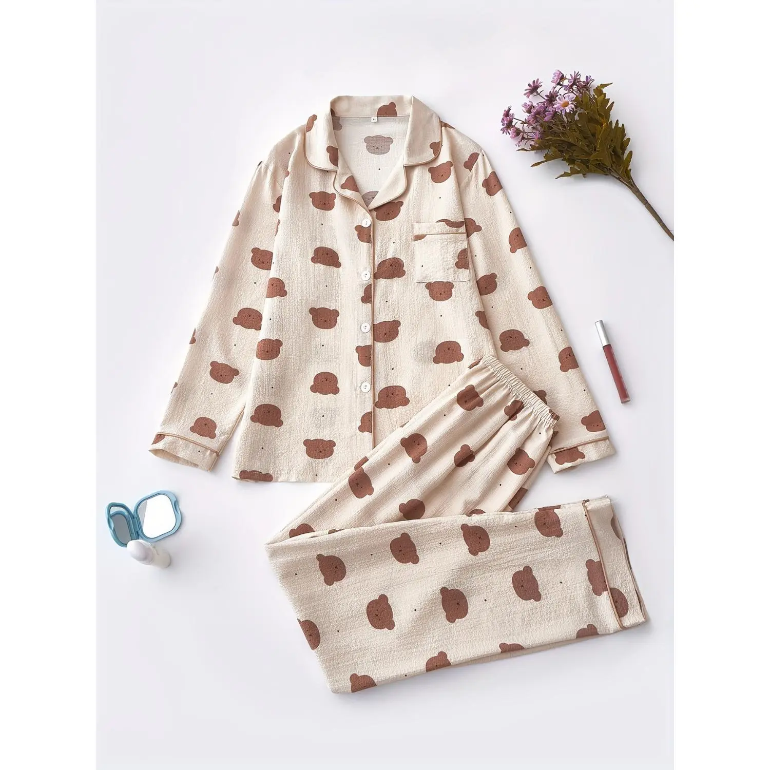 Bear Pattern Long Sleeve Pajama Set with Lapel Trim, Button-Up Casual Women's Sleepwear